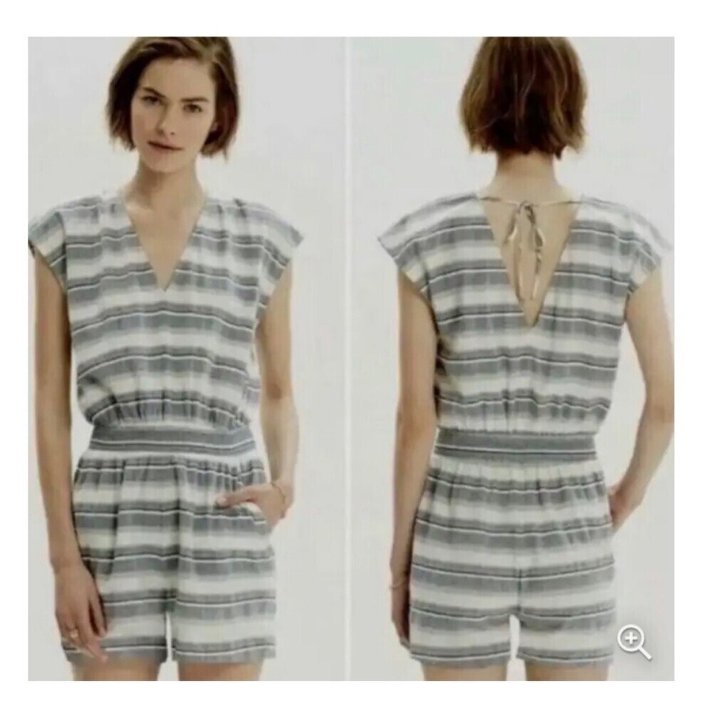 Madewell Blue/White Striped Yucatán Romper V-neck elastic waist jumper NEW SZ XS
